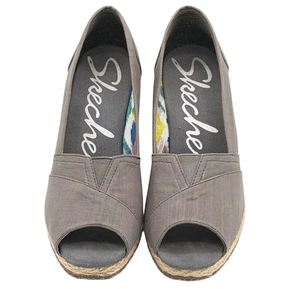 Skechers‎ Parallel Grey Textile Espadrille 3 in Wedge Peep Toe Sandals Women's 8
